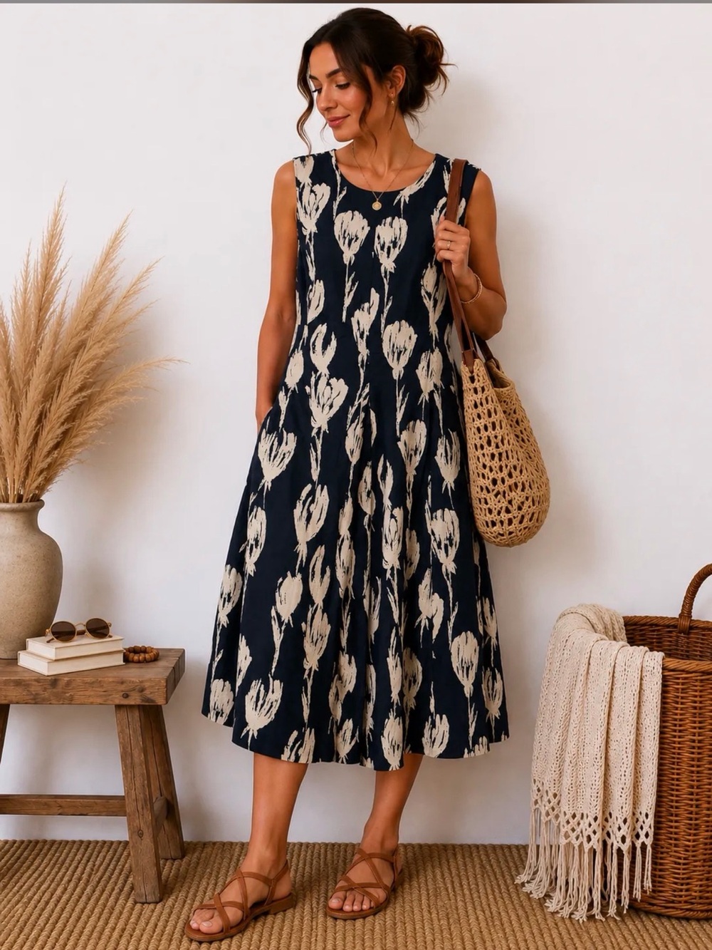 Just...Taylor Navy Midi Dress with Cream Floral Print